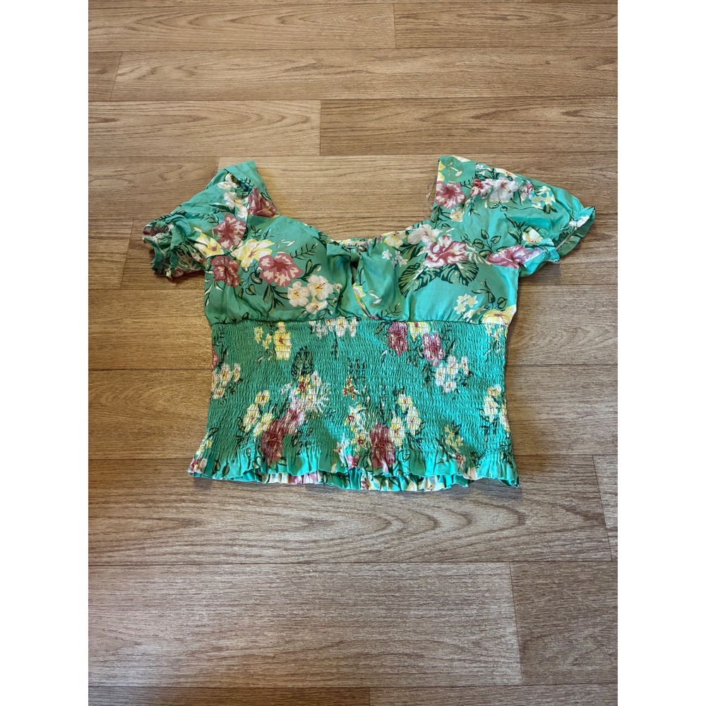 Derek Heart Floral Smocked Waist Puff Sleeve Top Teal Green XL Cottagecore